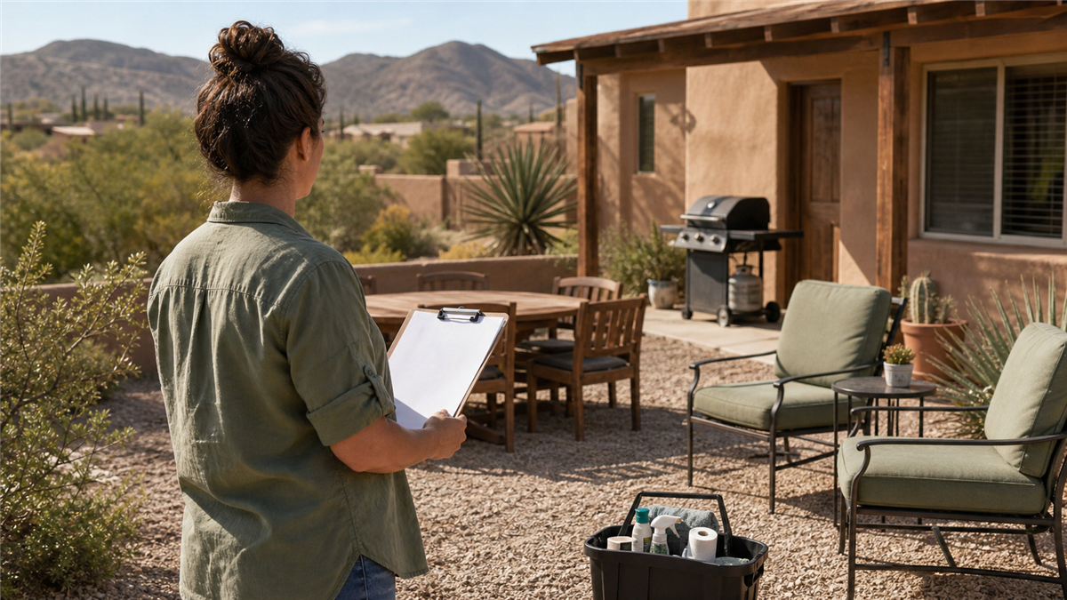Property manager checking outdoor furnishings and amenities at a desert vacation rental