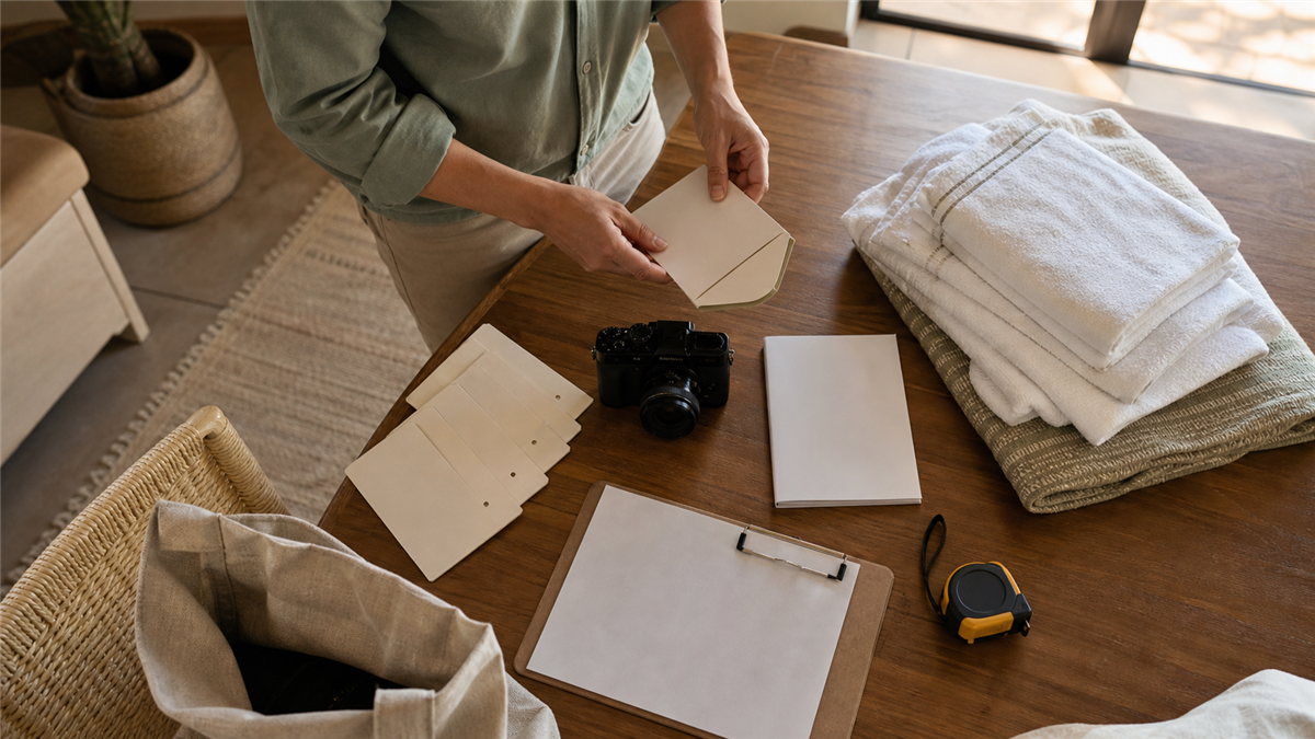 Property manager organizing inspection supplies, towels, and inventory tags for a vacation rental