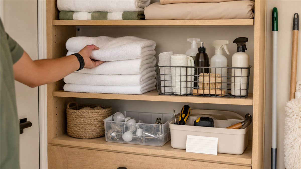 Organized vacation-rental supply closet with towels, cleaning materials, and maintenance tools