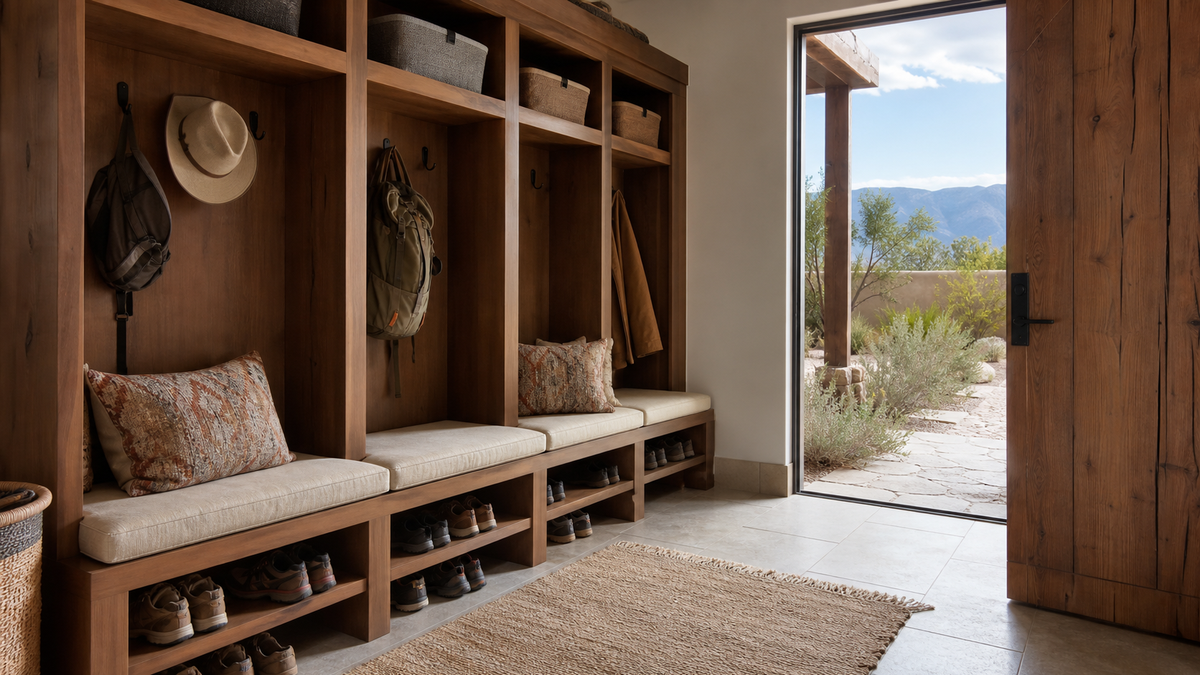Neatly structured entryway mudroom showing organized storage spaces for bags and shoes to highlight property logistics