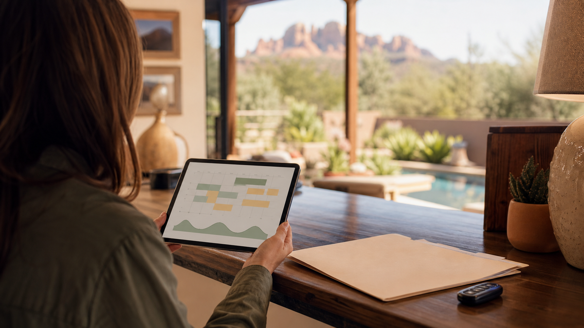 Property manager reviewing a non-readable reservation calendar beside a rental key fob and appraisal folder