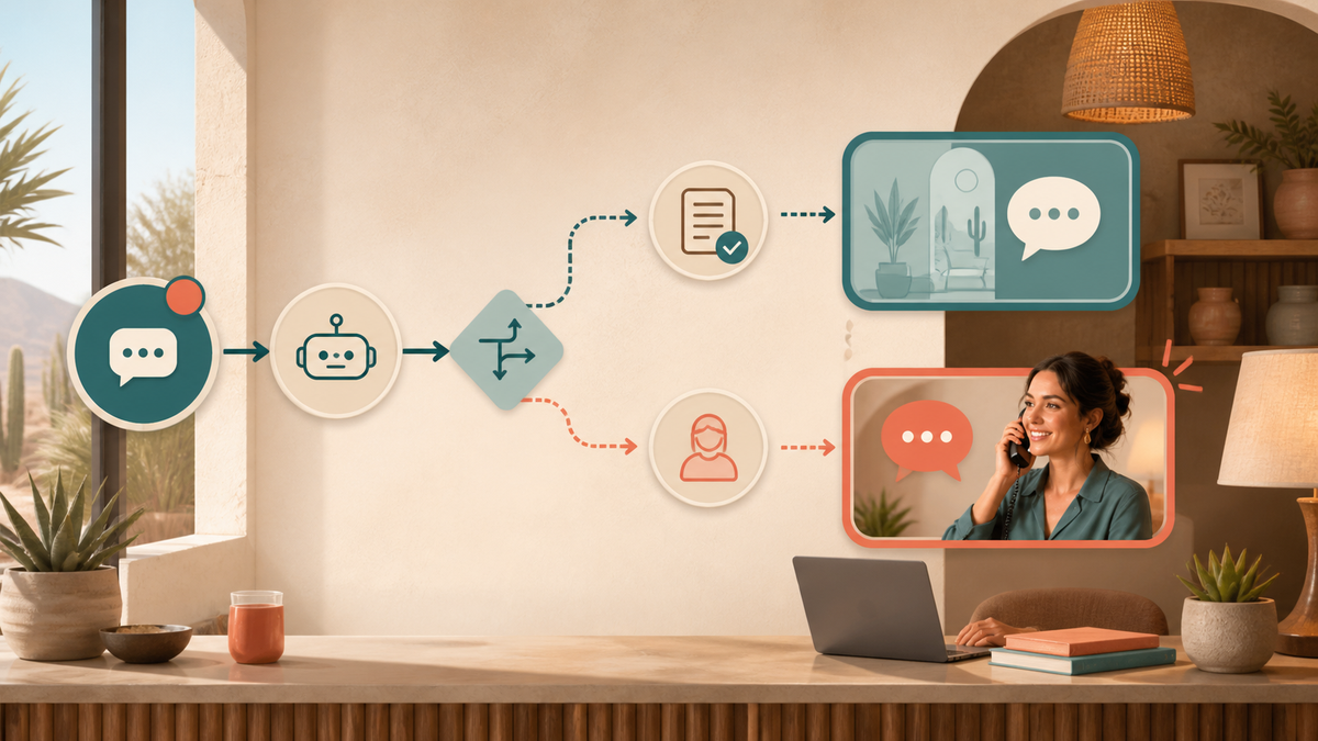 Workflow diagram showing automated chatbot inquiry routing and human escalation points.